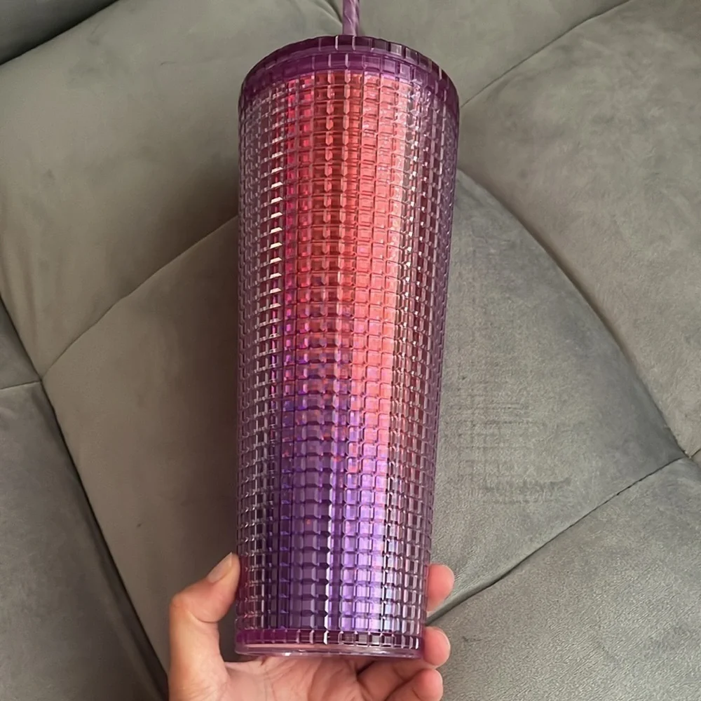 “Starbucks 2021 Summer Pink Purple Grid Tumbler Cold Cup 24 Oz”